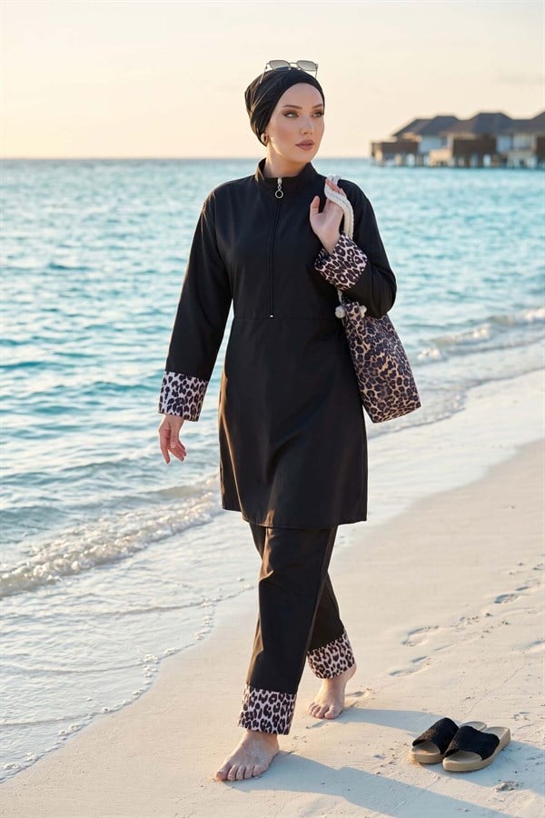 Leopard Print Hijab 3 Piece Set Swimsuit Burkini Burkini Black