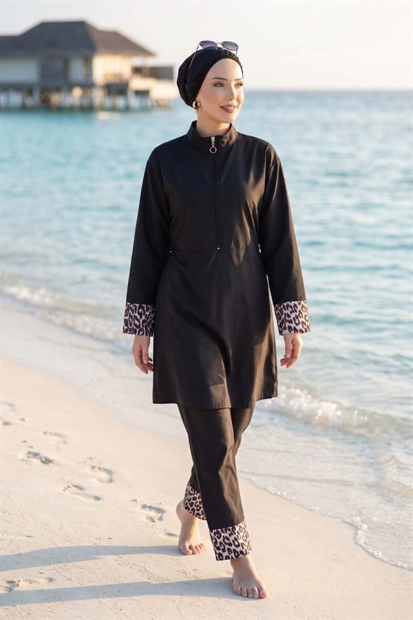 Leopard Print Hijab 3 Piece Set Swimsuit Burkini Burkini Black