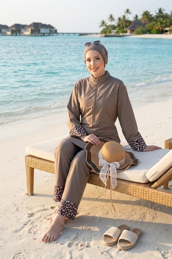 Leopard Print Hijab 3 Piece Set Swimsuit Burkini Burkini in Mink