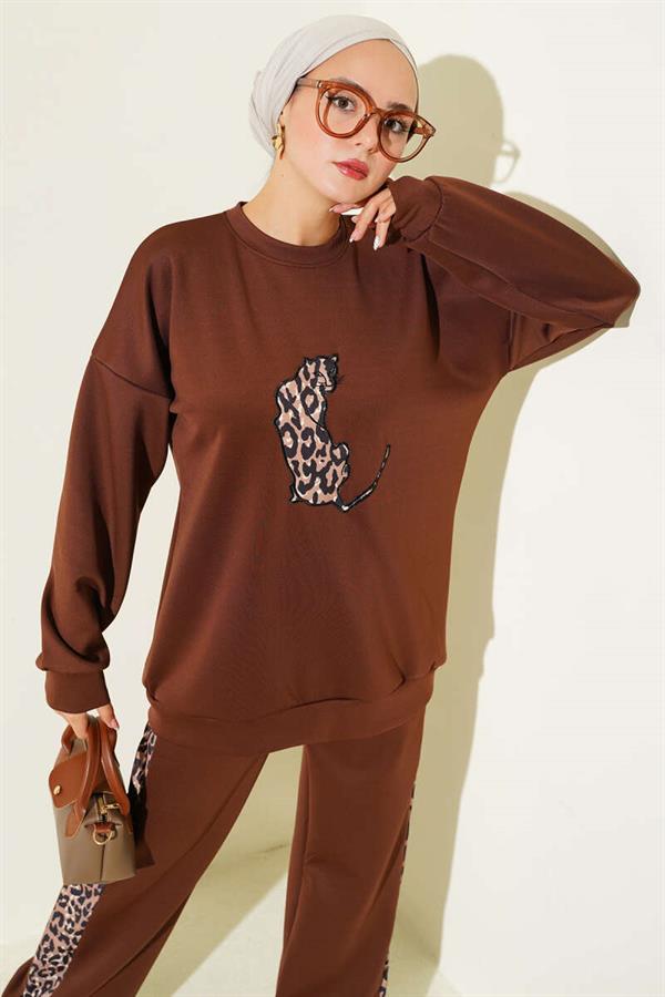 Leopard Striped Scuba 2 Piece Set Brown