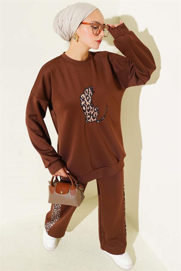Leopard Striped Scuba 2 Piece Set Brown