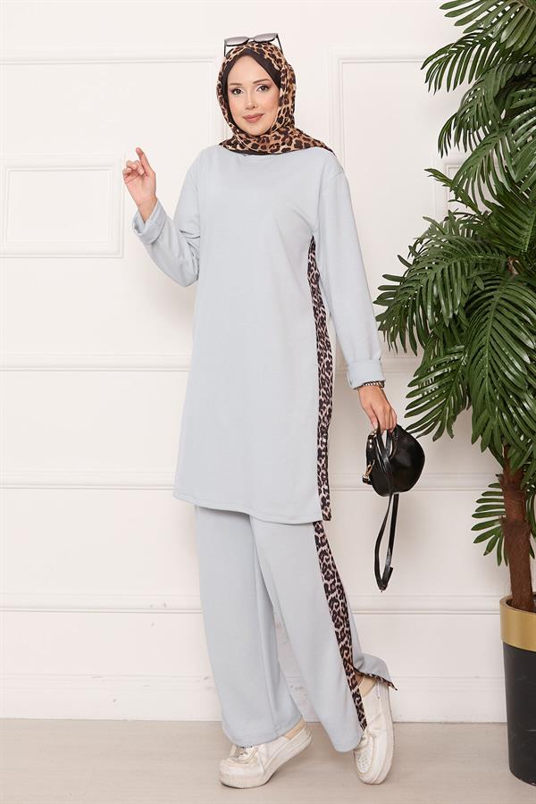 Leopard Striped Slit Loysha Suit Gray