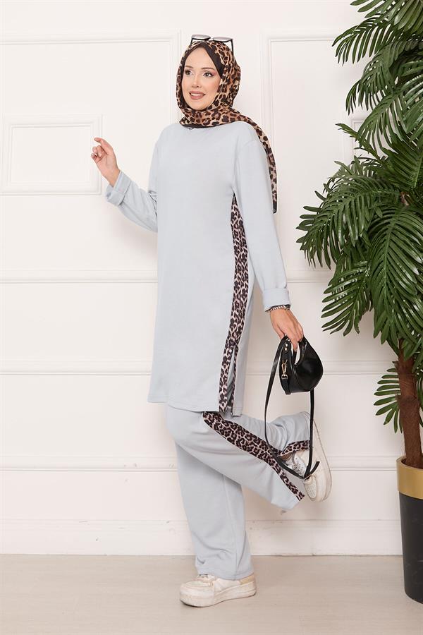 Leopard Striped Slit Loysha Suit Gray