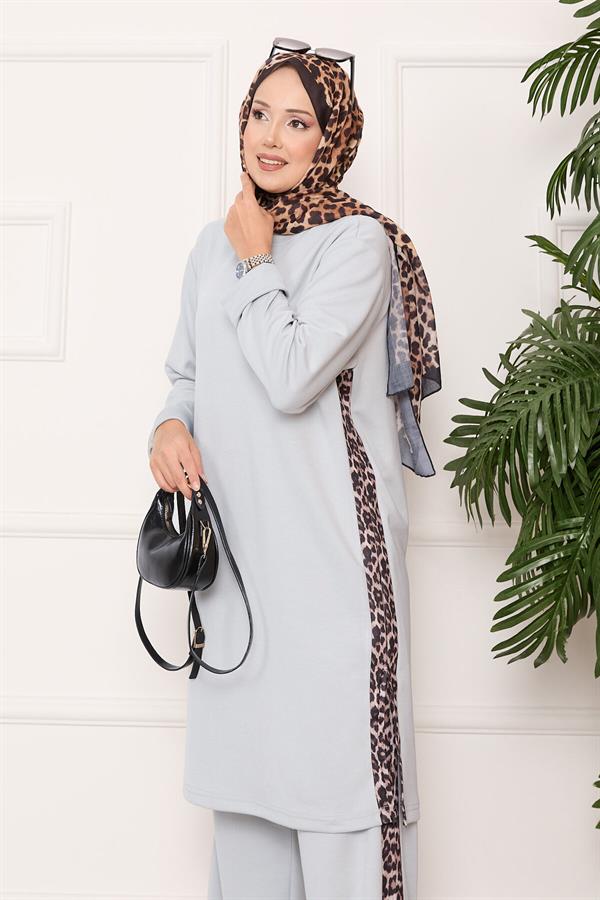 Leopard Striped Slit Loysha Suit Gray