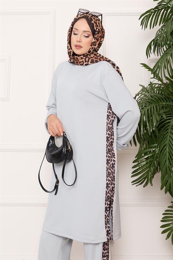 Leopard Striped Slit Loysha Suit Gray