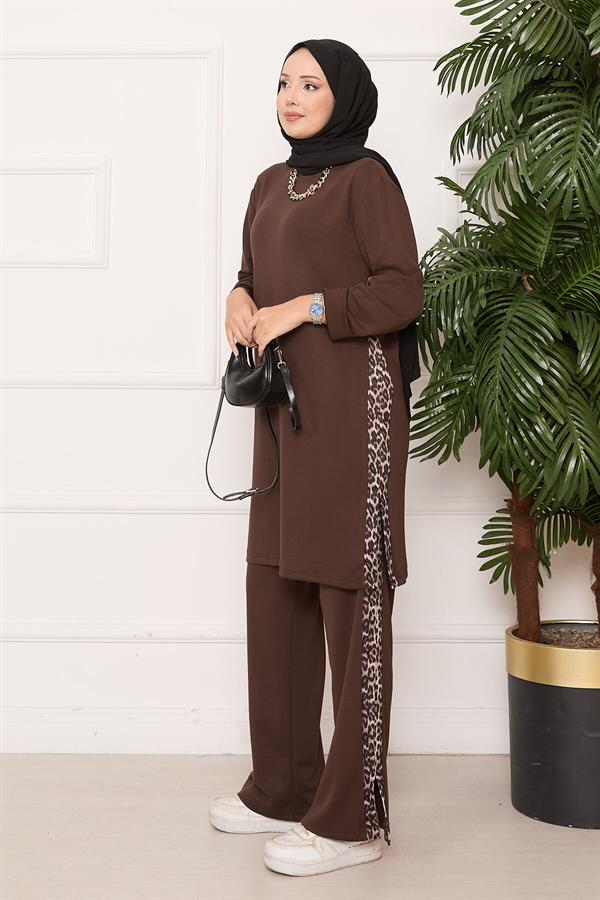 Leopard Striped Slit Loysha Suit Brown