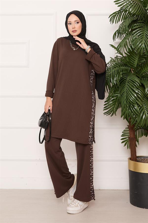 Leopard Striped Slit Loysha Suit Brown