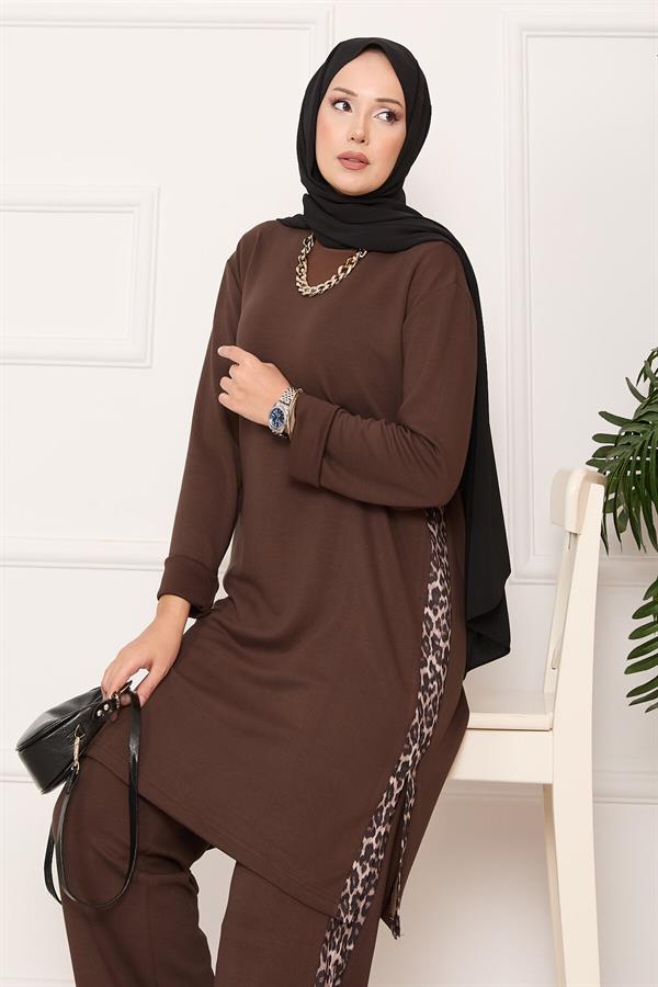 Leopard Striped Slit Loysha Suit Brown