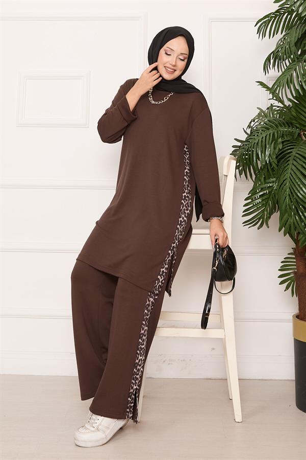 Leopard Striped Slit Loysha Suit Brown