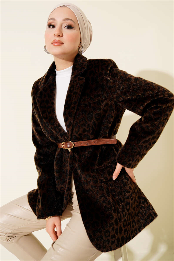 Goldfox Jacket with Leopard Print Belt, Dark Brown