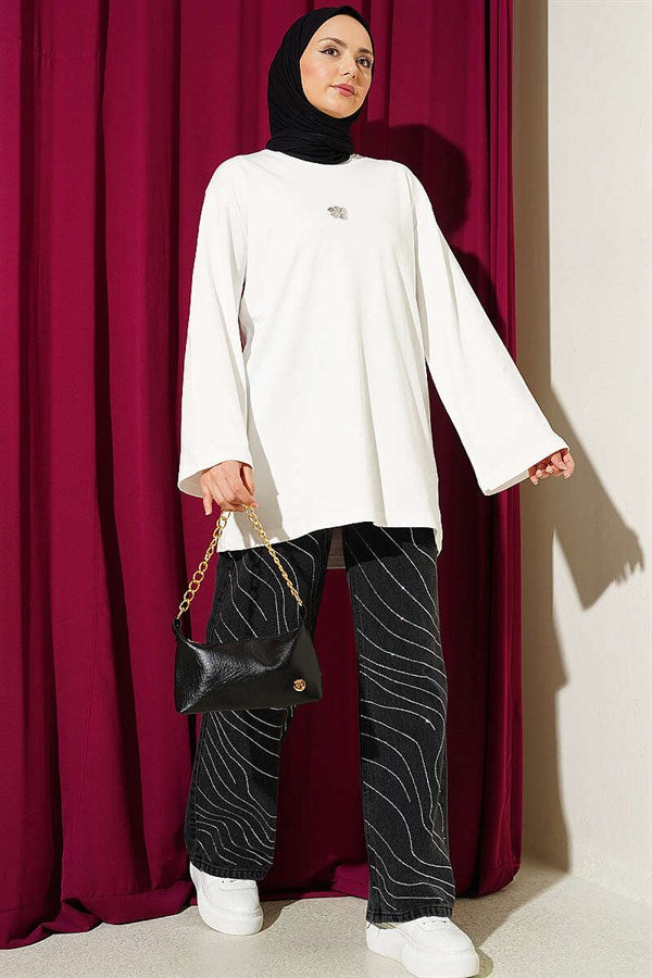 Lily Print Basic Tunic, Ecru