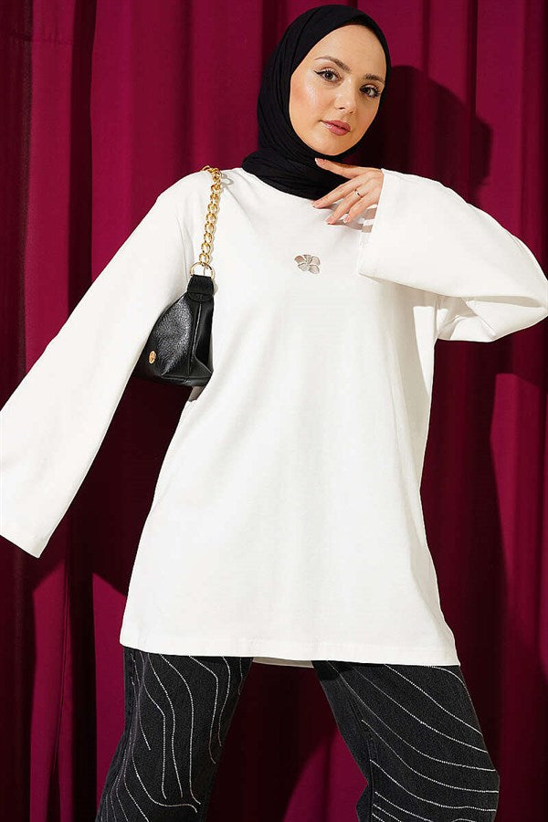 Lily Print Basic Tunic, Ecru