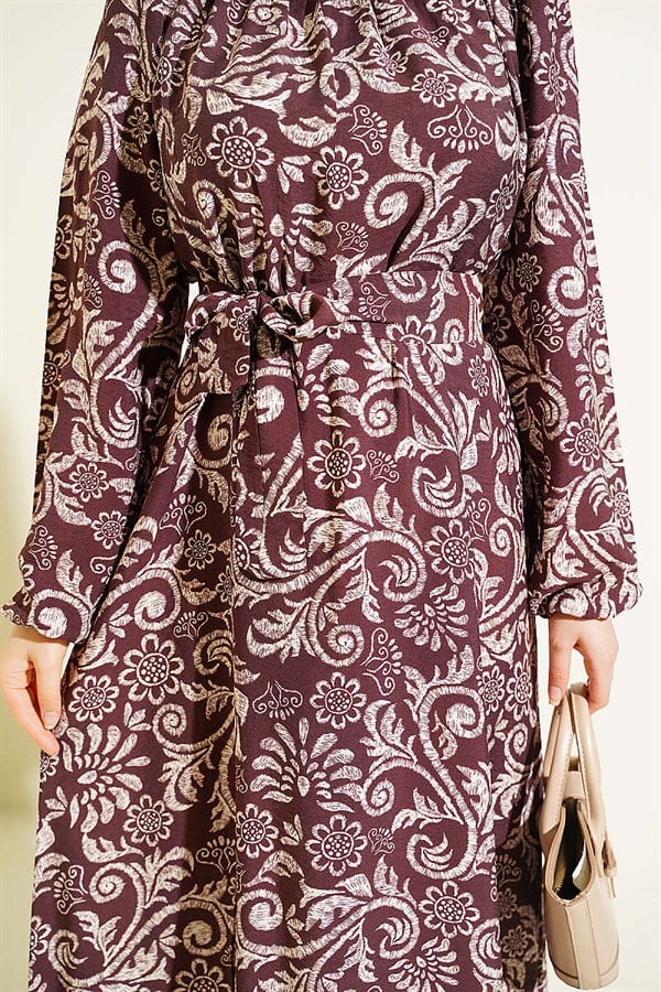 Lily Patterned Belted Dress, Coffee