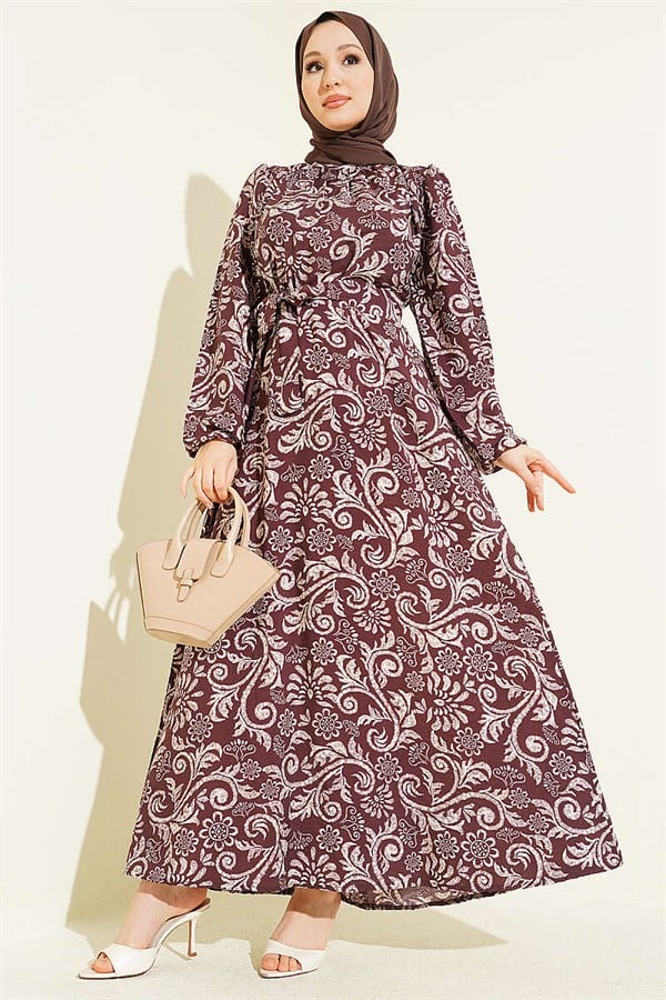 Lily Patterned Belted Dress, Coffee