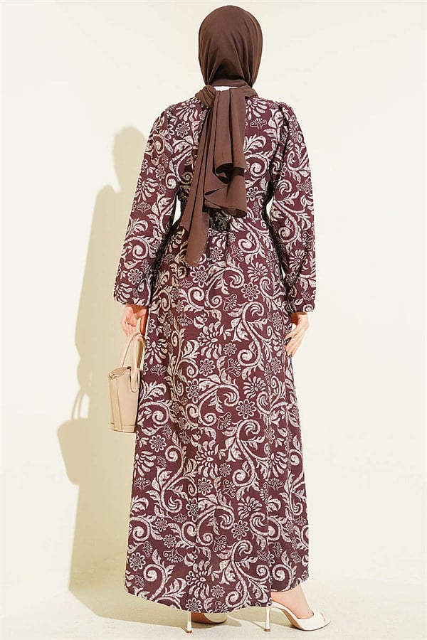 Lily Patterned Belted Dress, Coffee