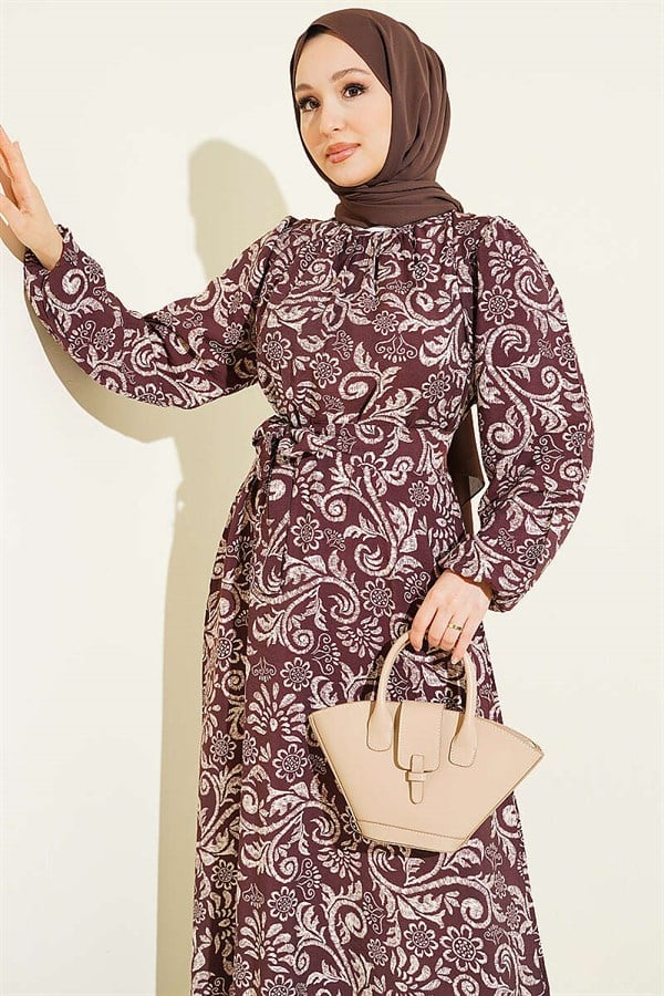 Lily Patterned Belted Dress, Coffee