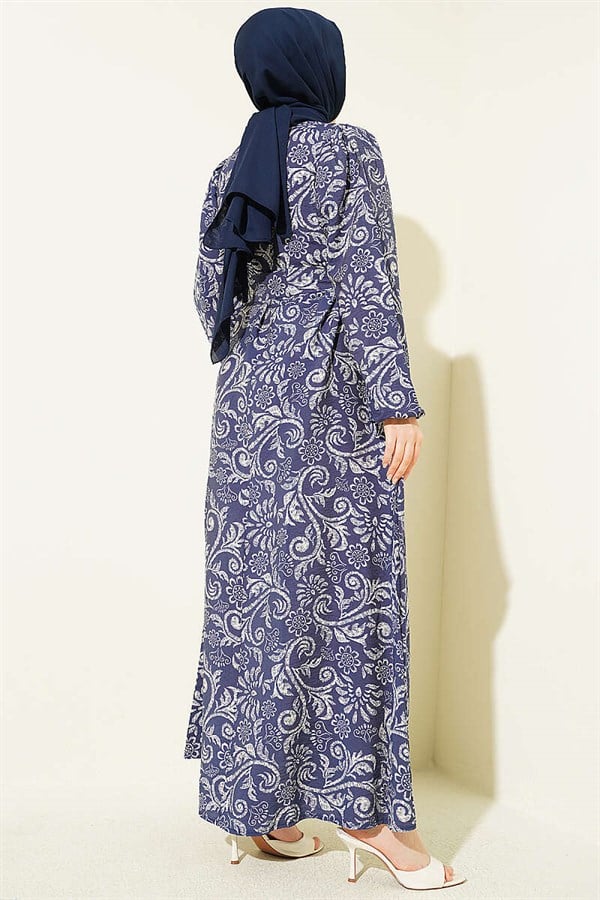 Navy Blue Belted Dress with Lily Pattern