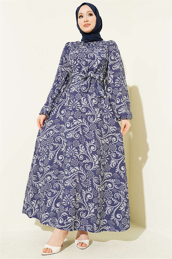 Navy Blue Belted Dress with Lily Pattern