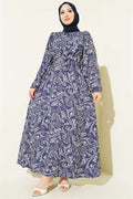 Navy Blue Belted Dress with Lily Pattern