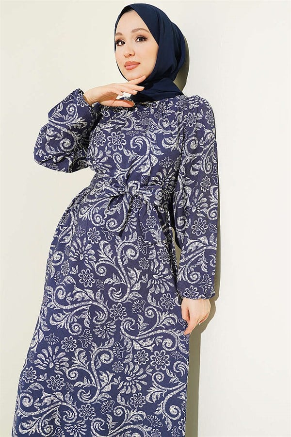 Navy Blue Belted Dress with Lily Pattern