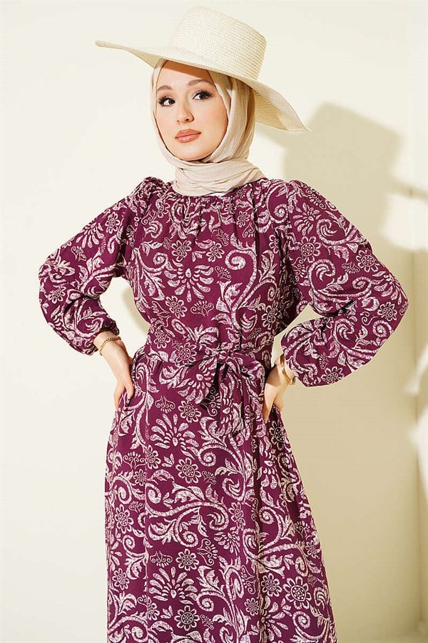 Lily Patterned Belted Dress, Plum