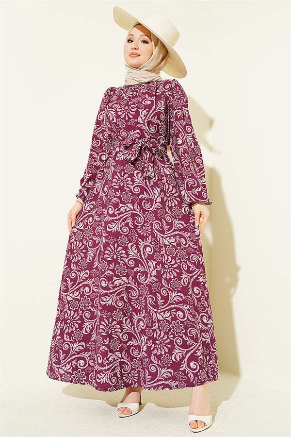 Lily Patterned Belted Dress, Plum