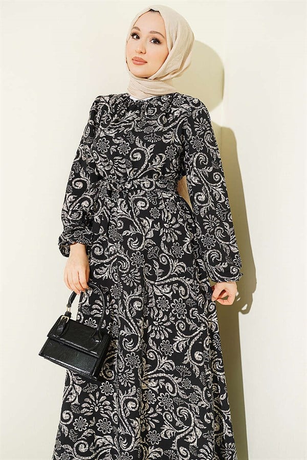 Lily Patterned Belted Dress Black