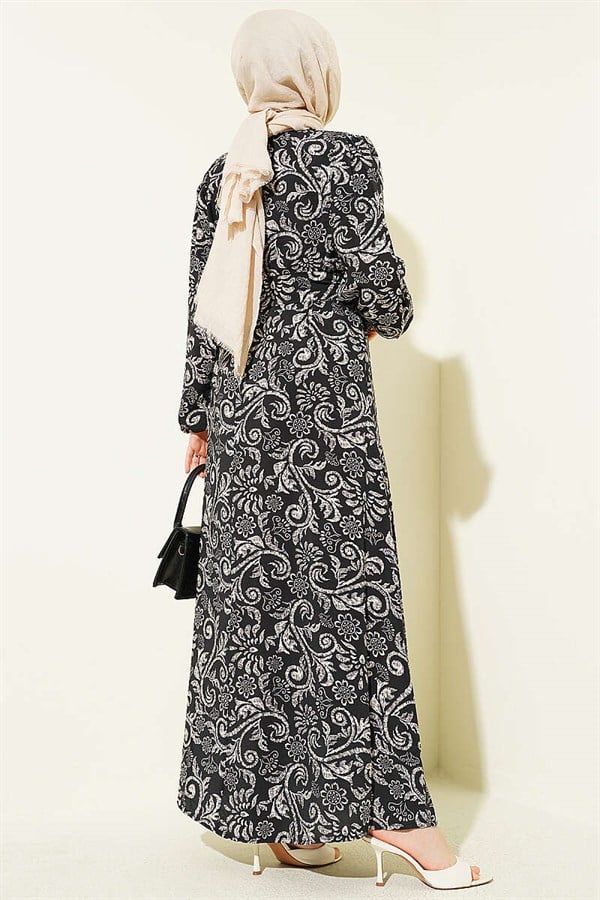 Lily Patterned Belted Dress Black
