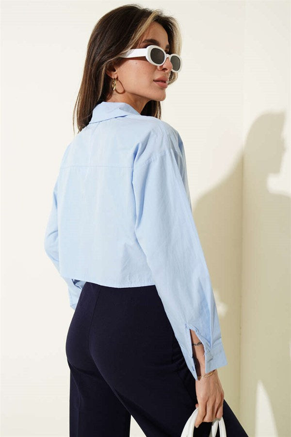 Love Embroidered Crop Shirt Blue