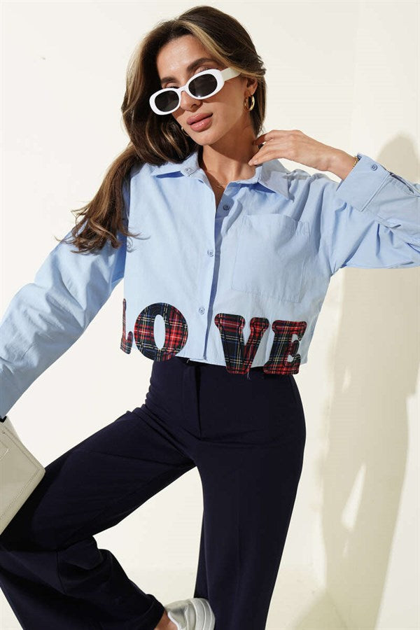 Love Embroidered Crop Shirt Blue