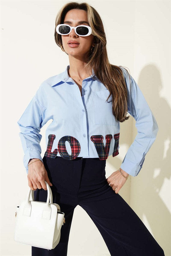 Love Embroidered Crop Shirt Blue