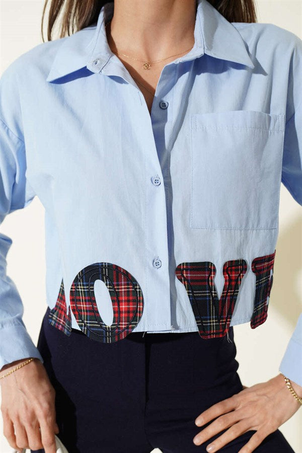 Love Embroidered Crop Shirt Blue