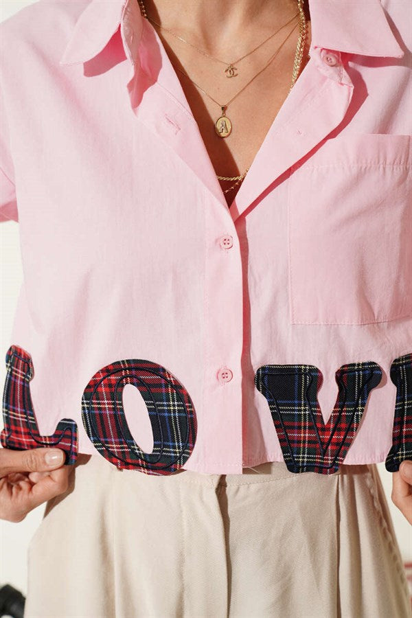 Love Embroidered Crop Shirt Pink
