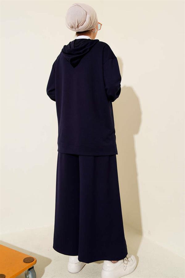 Loysha Basic Zippered Hooded 2 Piece Set Navy Blue