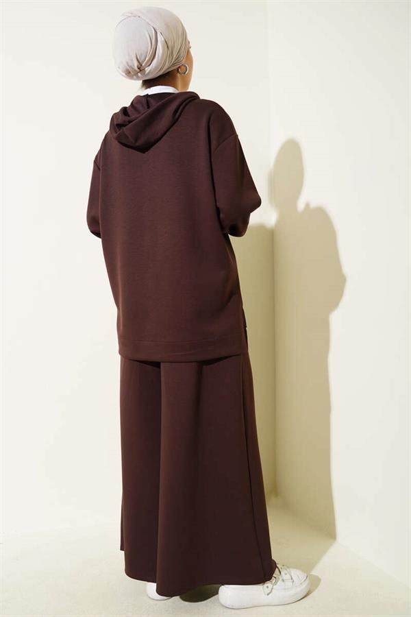 Loysha Basic Zippered Hooded 2 Piece Set Brown