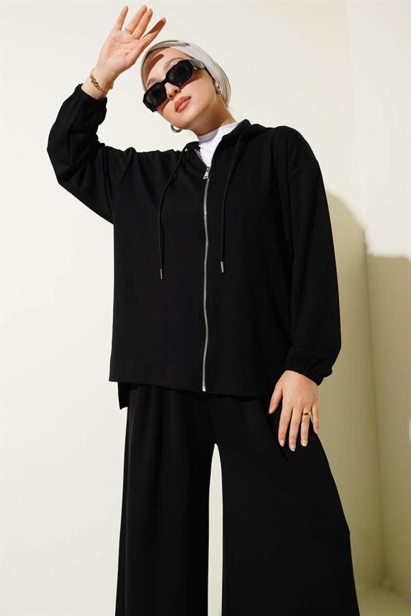 Loysha Basic Zippered Hooded 2 Piece Set Black