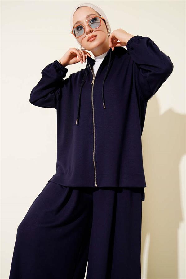 Loysha Basic Zippered Hooded 2 Piece Set Navy Blue