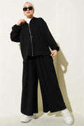 Loysha Basic Zippered Hooded 2 Piece Set Black