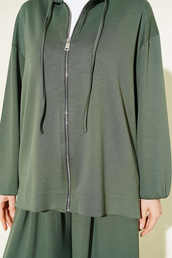 Loysa Basic Zip-Up Hooded 2 Piece Set, Khaki