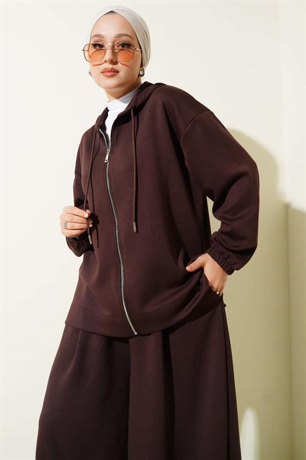 Loysha Basic Zippered Hooded 2 Piece Set Brown