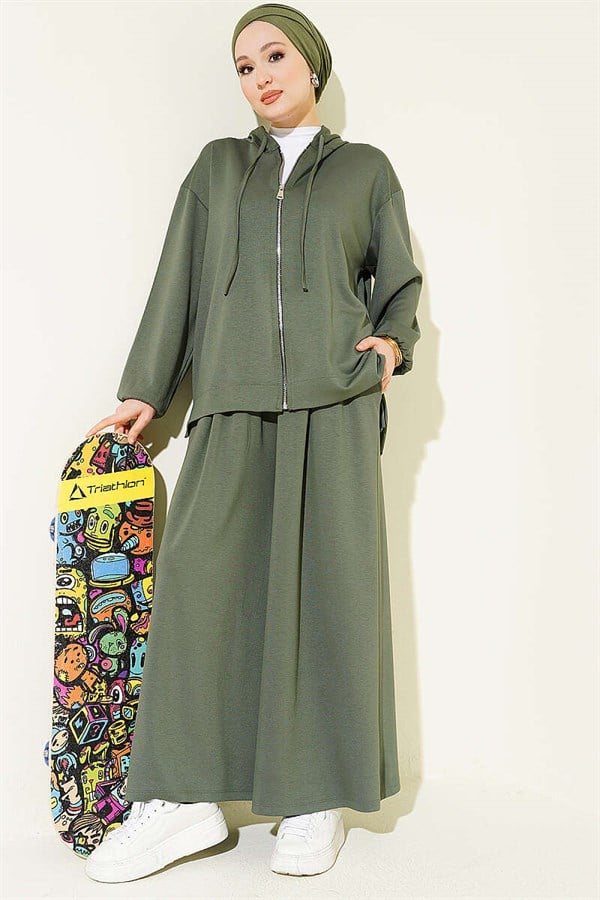 Loysa Basic Zip-Up Hooded 2 Piece Set, Khaki