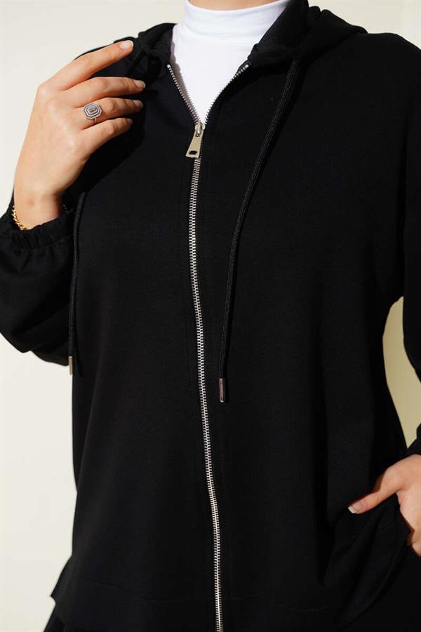 Loysha Basic Zippered Hooded 2 Piece Set Black