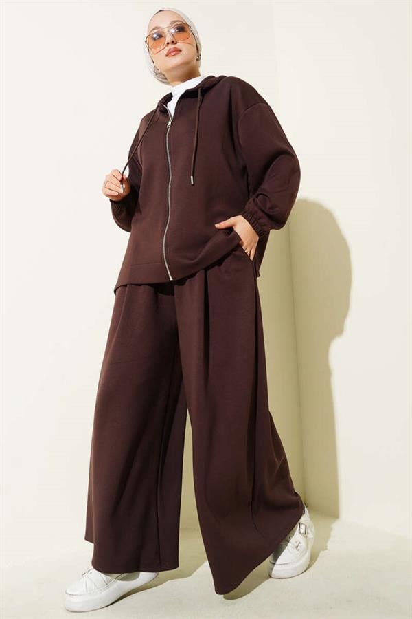 Loysha Basic Zippered Hooded 2 Piece Set Brown