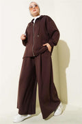 Loysha Basic Zippered Hooded 2 Piece Set Brown
