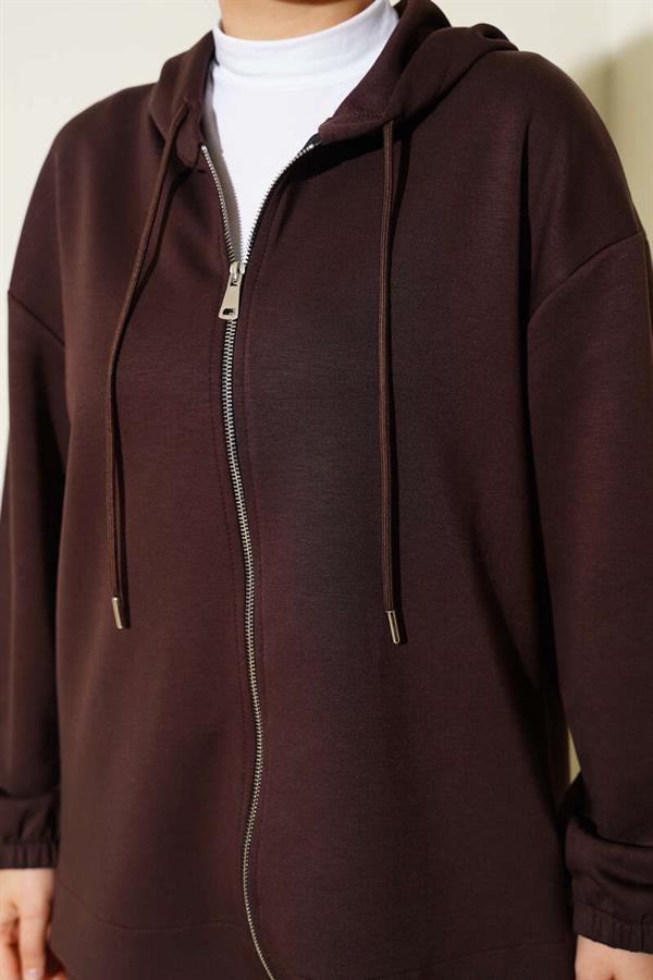 Loysha Basic Zippered Hooded 2 Piece Set Brown