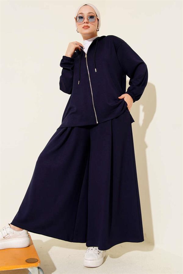 Loysha Basic Zippered Hooded 2 Piece Set Navy Blue