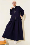Loysha Basic Zippered Hooded 2 Piece Set Navy Blue