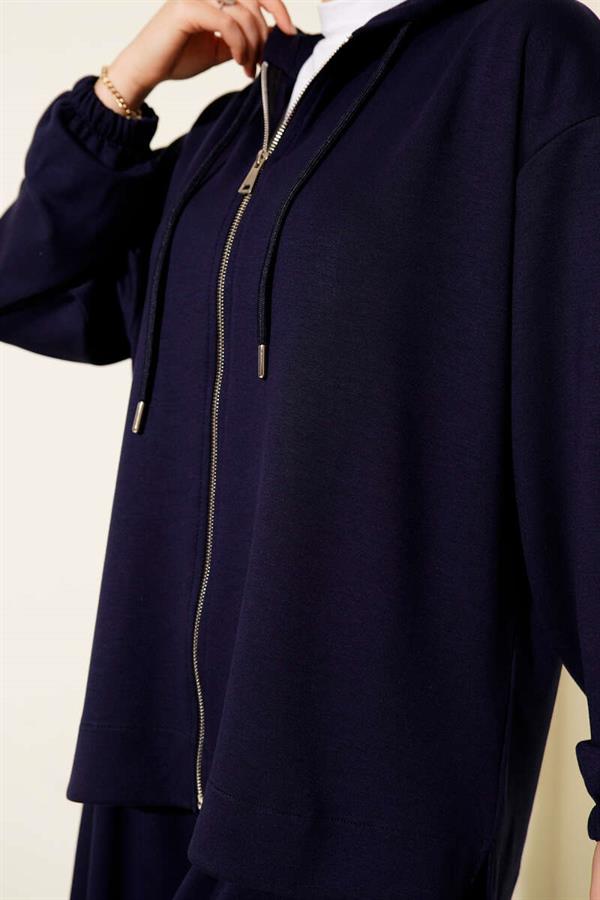 Loysha Basic Zippered Hooded 2 Piece Set Navy Blue