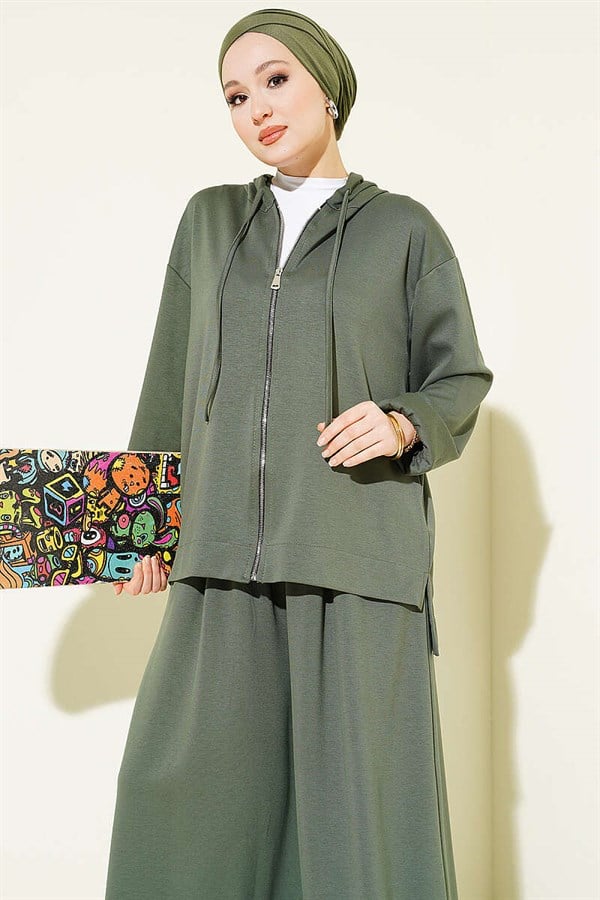 Loysa Basic Zip-Up Hooded 2 Piece Set, Khaki