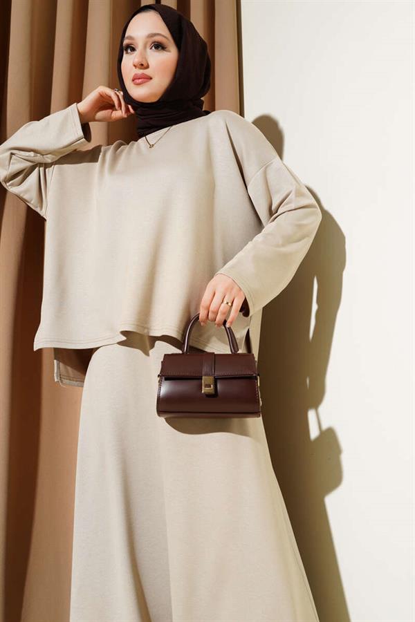 Loyşa Basic Tunic Skirt 2 Piece Set Beige